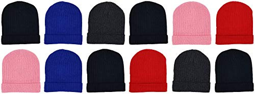 Kids Winter Beanies, 12 Pack Warm Cold Weather Hats Boys Girls Children (Assorted Ribbed)
