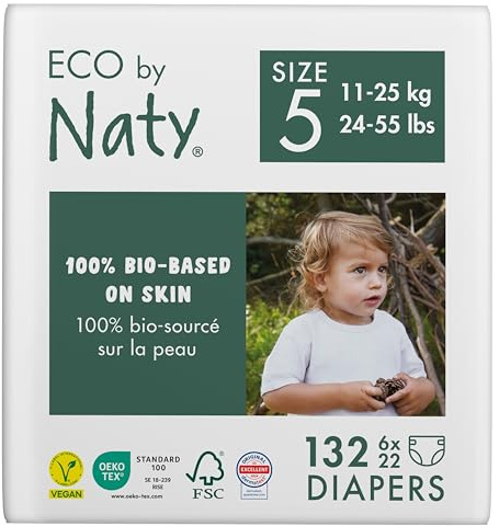 Naty Pañales Bebé - Pañales ecológicos a base de plantas, ideales para la piel sensible del bebé y ayuda a evitar las fugas (Talla 5, 132 unidades)