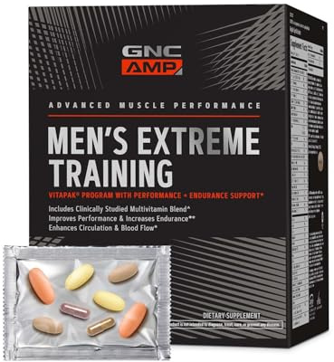 GNC AMP Men’s Extreme Training Vitapak Program, 5 Products in 1, Convenient Vitamin Pack for Performance & Endurance, Adult Multivitamin, Proven Ingredients, Caffeine, Nitric Oxide, 30 Day Supply