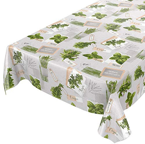 ANRO Tischdecke Wachstuchtischdecke Wachstuch Wachstischdecke pflegeleicht abwaschbar Kräuter Grün Beige Bio Basilikum 100 x 140cm eingefasst