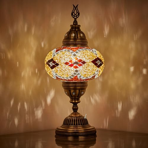 DEMMEX Lampada da tavolo a mosaico a batteria con lampadina a LED incorporata, lampada da tavolo a mosaico turco marocchino, lampada da notte con accento sul comodino, fatta a mano