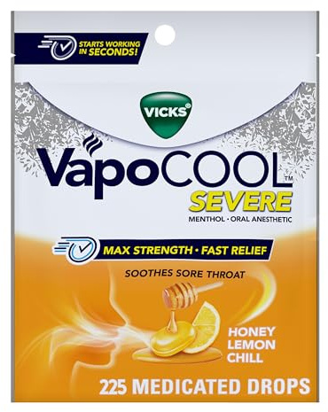 Vicks VapoCOOL SEVERE Medicated Sore Throat Drops, Fast-Acting Max Strength Relief, Soothes Sore Throat Caused by Cough, Powerful Vicks Vapors, Menthol, Honey Lemon Chill, 225 Total (5 Packs of 45)