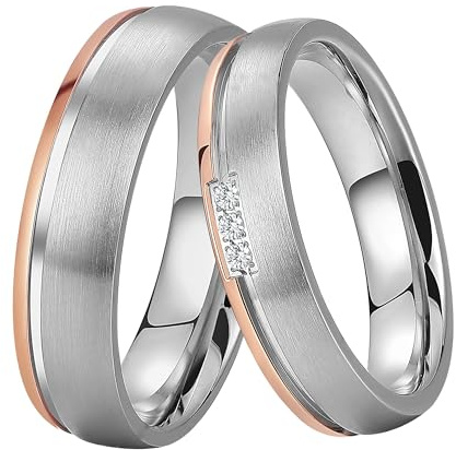 DOOSTI ring för kvinnor män partnerring rostfritt stål tvåfärgad silver roséguld utan/med zirkonia vigselring vigselring vänskapsring bröllop ring kvinna man, rostfritt stål