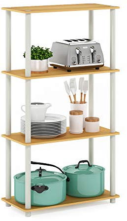 Furinno TURN-N-TUBE Standing Shelf, 4-Tier Open Shelving Unit with Round Tubes, Toolless Display Storage Shelves, for Organization and Storage, Living Room, Bedroom, Home Office, Blonde Maple
