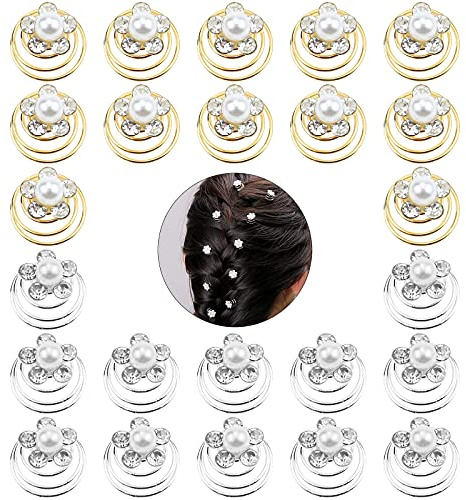 24 Pcs Spiral Hair Pins, Bridal Hair Clips, Crystal Pearls Swirl Hair Pins Swirl Hair Twists Coils Hair Accessories For Women Girl Wedding Bridal Party(Silver & Gold)