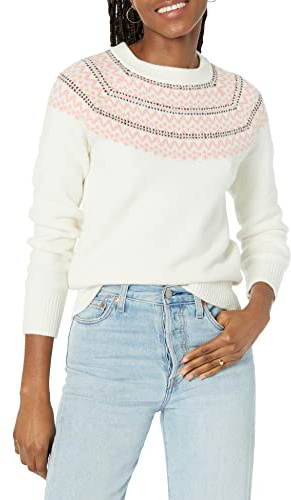 Amazon Essentials Jersey suave al tacto con cuello redondo y estampado isla Fair Mujer, Marfil Rosa Estampado de Tipo Navideño, XXL