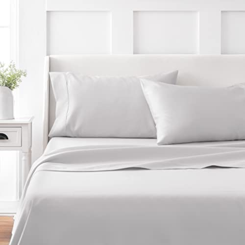 Martha Stewart 100% bomull tvillinglakan set – 3 delar, mjuka, släta, hållbara, enkla att sköta, 40 cm djupa ficklakan, satellakan, 1 platt, 1 monterad, 1 örngott, grå