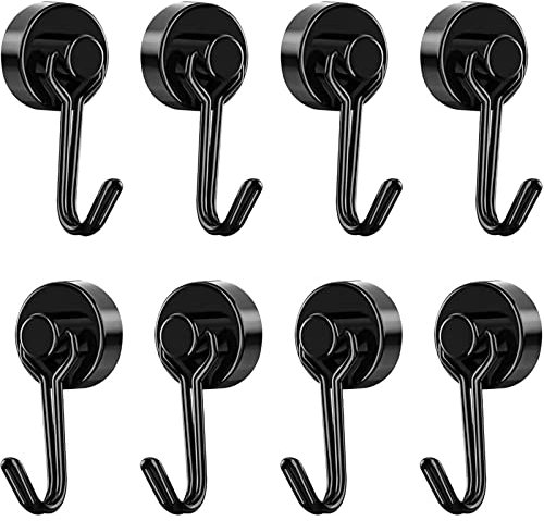 XOPOZON Lot de 8 Crochets Magnétiques Frigo, 15 kg Puissant Aimant Néodyme, Crochet Aimanté Pussiant Pivotants pour Cuisine Salle de Bain Casier à Clés (C-Noir-8pcs)