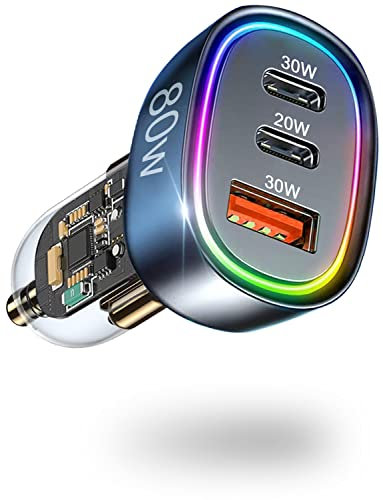 80W Zigarettenanzünder Verteiler Adapter USB C, 3 Häfen [Dual PD 3.0 & QC 30W] Super Schnell USB Kfz Ladegerät Ladeadapter, Auto Ladegerät Kompatibel mit iPhone 17/Air/16/15 Pro Max, Samsung S25/S24