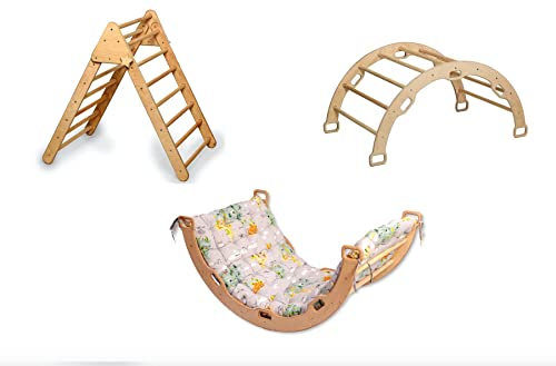 Montessori Kletterset mit Kletterdreieck & Kletterbogen | Kletterbogen mit Kissen | Holz Kletterbogen mit Kissen und Kletterdreieck | Klettergerüst Set mit Kissen (Map)