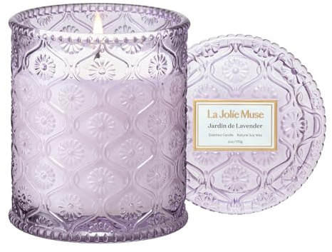 LA JOLIE MUSE Jardin de Lavender Scented Candle - Coconut, Lavender & Sandalwood | 6 oz Natural Soy Wax | 40 Hours Clean Burn | Aromatherapy Candle for Relaxation | Elegant Home Decor