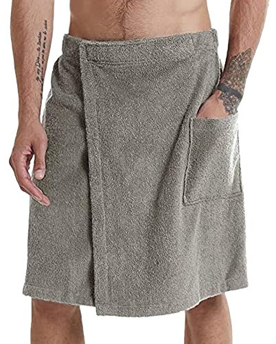 Jamron Mens Adjustable Bath Towel Wrap - Wearable Towel Skirt with Pocket for Gym Shower Sauna Spa & Beach Cover Ups Grey L