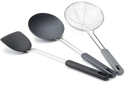 Joseph Joseph Nest Fusion 3-teiliges Silikon Edelstahl Wok Zubehör Set, Pfannenwender, Löffel und Skimmer, BPA frei, Hitzebeständig, Antihaftbeschichtet Koch Utensilien