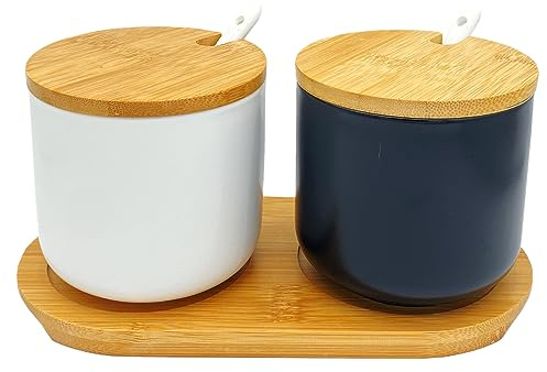 OnePine Juego de 2 azucareros, 260 ml de cerámica para especias con tapa y cuchara para el hogar y la cocina (blanco y negro)