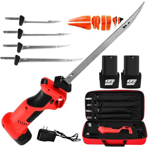 Coltello Elettrico per Filettare Pesce, Coltello per Filettare Pesce Senza Fili, Coltello per Affettare Pesce, Coltello da Intaglio con 4 Lame Alternative Antiaderenti Rivestite in Nitruro di Ti