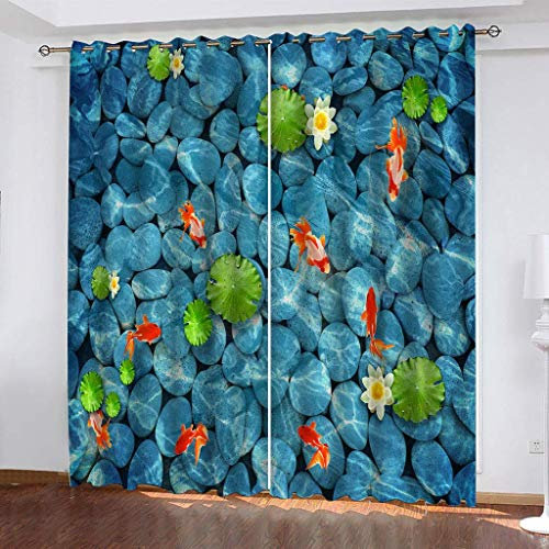 Gardinen Kinderzimmer 160X200Cm Vorhänge Blickdicht, Ösenschal 2Er Set - 3D Lotus-Goldfisch-Kiesel Druckmuster Vorhang Wärmeisolierend, Verdunkelungsvorhang Für Wohnzimmer Schlafzimmer