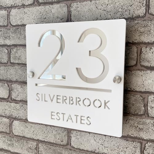 3D Personalized House Number Plaque in Acrylic White and Silver, Floating Numbers, Weather Resistant Signage for Indoor and Outdoor Door Ideal for Home Hotel Apartment Shop