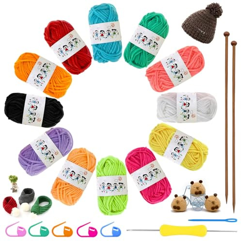 ICHOWHO 21 Pcs Knitting Kit for Beginners, 12 Colours Hand Knitting Yarns & 2 Bamboo Knitting Needles, Easy Knitting Set Knitting Starter Kit for Adults, Dishcloths Craft Kits for Handcrafts Arts