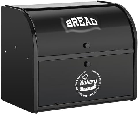 Dyserbuy Brotkasten, Brotkasten für Küche, Große Aufbewahrungsbox mit Roll-Top-Deckel, Doppelter Metall-Brotbehälter, Aufbewahrungsbehälter für frische Brote, Kekse, Gebäck 40 x 32 x 24 cm (Schwarz)