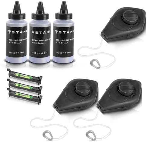 STAHLWERK 3 x Schlagschnur Set 15 m bestehend aus Markierungsschnur/Maurerschnur/Schlagschnurgerät mit schlagfestem Gehäuse, Wasserwaage und 113 g Schlagschnurkreide