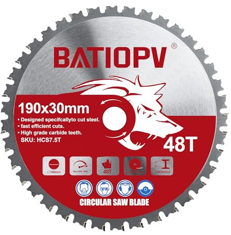 BATIOPV Hoja de sierra circular 190 x 30 mm x 48 dientes para cortar acero, aluminio y tuberías metálicas - Compatible con Dewalt y Makita, Einhell