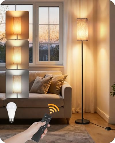 GOEBLESON 64.2” Dimmable Floor Lamp for Living Room with Remote and Foot Switch, Corner Floor Lamp for Bedroom, Includes 10W A19 Bulb, Modern Standing Tall Lamp, ETL Listed Beige and Black E17LD05