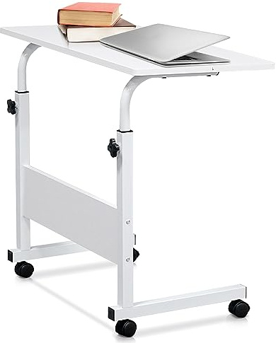 Karl home C-Shaped Mobile Side Table Small Computer Desk, 80×40cm White | Rolling Wheels, Height Adjustable Portable Laptop Cart, Bed Couch End Tables
