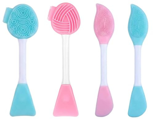 NCEJNY Cepillo Facial de Silicona 4 Piezas, Cepillo Limpieza Facial Doble Cara y Aplicador Mascarilla Facial, Pincel Silicona para Exfoliante Labios, Limpiador de Poros y Masaje Facial, Rosa y Verde