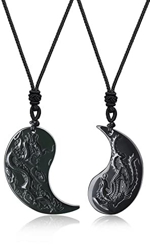 COAI Geschenkideen Glückskette aus Obsidian Taichi Yin und Yang Drachen und Phönix Gravur Anhänger EIN Paar Partner Ketten