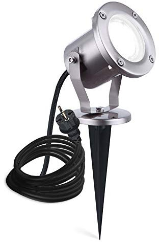 LED Erdspießleuchte inkl. Montagebügel und Erdspieß schwenkbar Gartenstrahler Gartenspot Edelstahl mit 3m Kabel anschlussfertig mit Schutzkontakt-Stecker IP65 GU10 230V kaltweiß Modell: ESP4