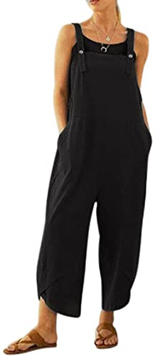Vevesmundo Dam Overall Sommar Hängselbyxor för Kvinnor Ärmlös Säckig Bomull Lång Retro Lösa Breda Jumpsuit Playsuit Dungarees Med Fickor 34 36 38 40 42 44 46 48 50