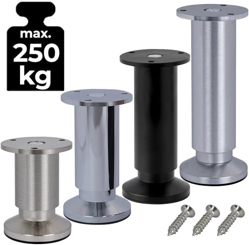 Stahlia Möbelfüße verstellbar (4er SET) 25cm Höhe ALUMINIUM gebürstet Ø 38mm Schrankfüsse belastbar bis 250Kg Sofa Füße Möbelbeine Metallfüße Regalfüße
