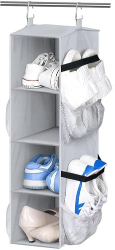 MISSLO Stoff Schuhregal zum Aufhängen Schrank Hängeregal Schuhorganizer Hängend mit 4 Regalen. Netztaschen Schue Hängeaufbewahrung, 18 X 29 X 65cm, Grau
