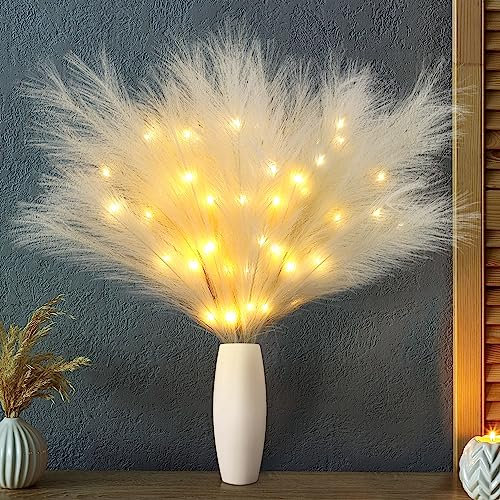 Joomer Hierba de Pampas Grande con LED, 3 PZ de 70cm Ramo de Flores Artificiales Pampas, 36 Luces LED, Funciona con Pilas, Decoración del Hogar Boho para Bodas Sala de Estar Dormitorio Mesa (Beige)