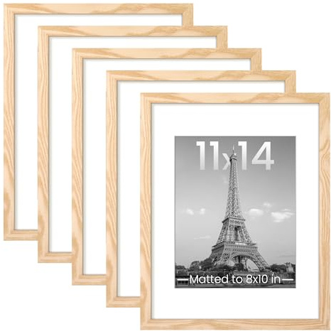 upsimples 11x14 Picture Frame Set of 5, Display Pictures 8x10 with Mat or 11x14 Without Mat, Wall Gallery Photo Frames, Natural