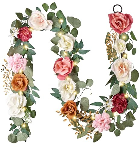 Valery Madelyn Pre-Lit Spring Flower Garland for Mantle with Lights, 6 feet Fake Roses Artificial Floral Vines Hanging Garland Decorations for Mothers Day Wedding Anniversary Party Table Home Decor