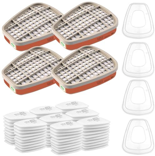 6001 Filter für Atemschutzmaske Set, Filter gegen Organische Dämpfe Set, Baumwollfilter Filters, 80 Filterbaumwolle + 4 Filter und 4 Abdeckkappen für Handwerker, Heimwerker, Farbspritz