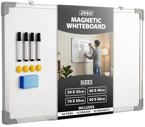 ZENO Whiteboard | Large Magnetic Whiteboard with Pen Tray | Office Board | Aluminium Trim | Includes 4 Pens, Eraser & 4 Magnets | Easy to Install | 70 x 50 cm