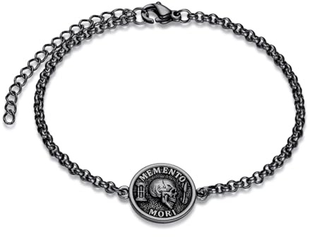 PELOVNY Memento Mori Bracelet for Men 925 Sterling Silver Stoic Skull Bracelet Stoicism Jewelry Gifts for Him-Black