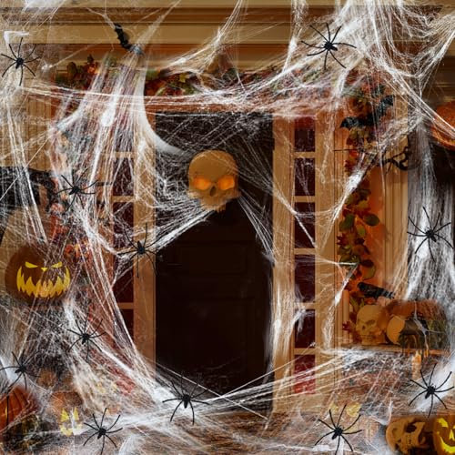 Decorazioni di Halloween di Ragnatele Estensibili, SilverChry Ragnatela Halloween, 300g Decorazione Ragnatela Bianca con 50 Ragni Finti Ragnatela Halloween Esterno per Case Infestate Addobbi Halloween