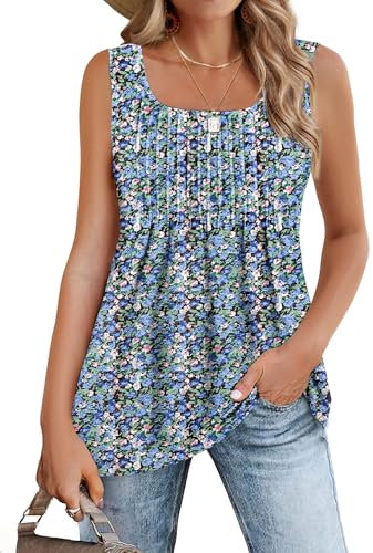 Zeagoo Tank Top Damen Ärmellos Oberteile Sommer Tanktops Casual T Shirt Tunika Tanktops Basic Quadratischer Cami Elegant Vest Shirt Lockere Blusentop Floral Blau XXL