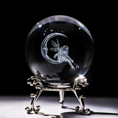 vskikris 60 mm Crystal Ball 3D Laser Moon Fariy Figurine - Glass Paperweight & Decorative Ball with Stand – Glass Ball Ornaments for Home & Office Decor, Gifts for Women Girls Wife Daughter