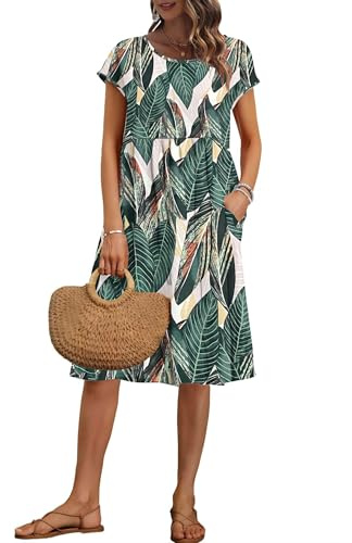 AUSELILY Robe Femme d'été Mi-Longue à Manches Courtes Robes aux Genoux Ample Décontractée Style Empire avec Poches
