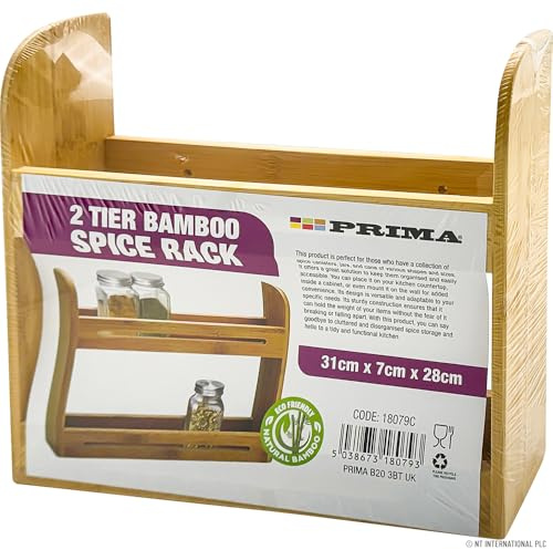 BARGAINS-GALORE 2 Tier Bamboo Spice Rack - Storage Organiser | For Food, Jars, Containers, Multi Purpose | Sturdy & Durable, Wall Mountable | Home, Kitchen Organising, Tidy Stand