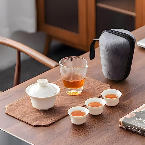 TFixol Juego de té de cerámica Gaiwan Kungfu de viaje, juego de cuencos de té de porcelana blanca de jade chino con alfombrilla e infusor, portátil para el hogar, busin, hotel, juego blanco, 5