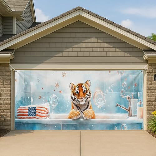 Couverture de porte de garage avec motif tigre mignon - Grande bannière de garage - Décoration intérieure ou extérieure - Toile de fond de fête - 400 x 180 cm
