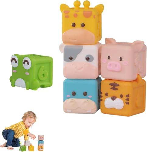 Bausteine Stapelturm Baby - 6 teilige Montessori Sensorik Spielzeug, Tierform Weiche Building Blocks mit Zahlen und Mustern, Stapelspielzeug, Babyspielzeug ab 3 Jahr, Baby-Früherziehungsspielzeug