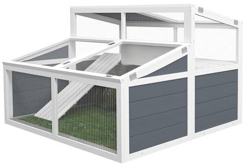 PawHut Maison enclos Cage pour Petit Animal Tortue avec Toit en Polycarbonate, 2 espaces, Rampe, 3 Portes, 115 x 115 x 82 cm - Gris