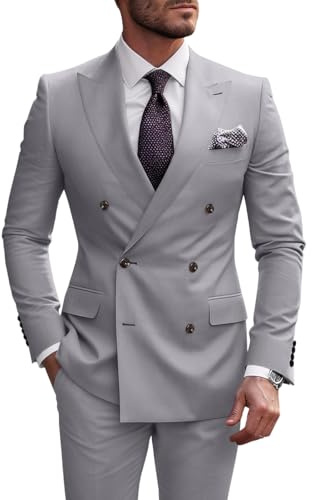 WOMS Double Breasted Suits for Men 2 Piece Slim Fit Groom Tuxedo for Mens Wedding Prom Dinner Jacket Pants Suit Light Grey M
