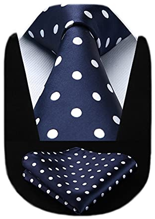 HISDERN Cravate à Pois Homme Ensemble Cravate et Mouchoir Extra Longue pour Mariage Fête Cravates avec Pochette Set (Bleu Marine et Blanc)